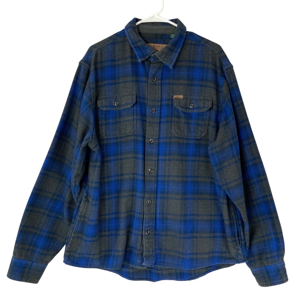 Orvis Blue Gray Plaid Flannel Shirt XL Button Up Collared Long Sleeve Pockets